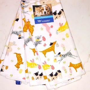 3 Easter Bunny Tea Towels Dog Theme Dalmatian Boston Terrier Yorkie 21"X 27" NWT